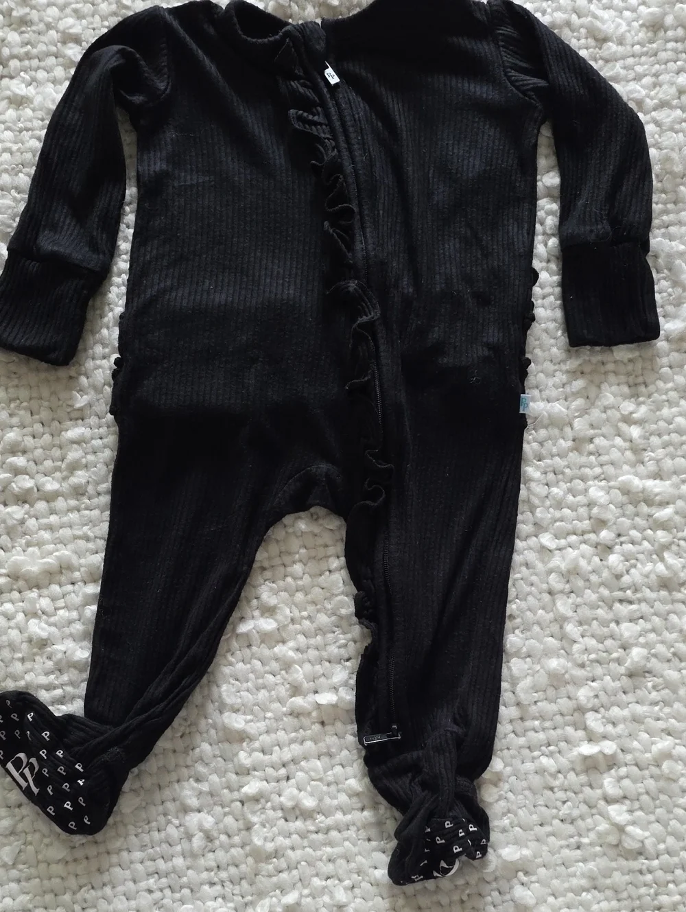 Posh Peanut Black Ruffle Footed One-Piece 3-6 months